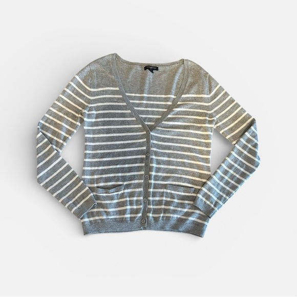 Banana Republic Striped V-Neck Cardigan Grey White Women’s XS - Picture 2 of 9